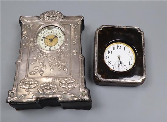 A plated Goliath pocket watch in faux tortoiseshell and silver-mounted leather easel case and a silver-mounted mantel clock (a.f)